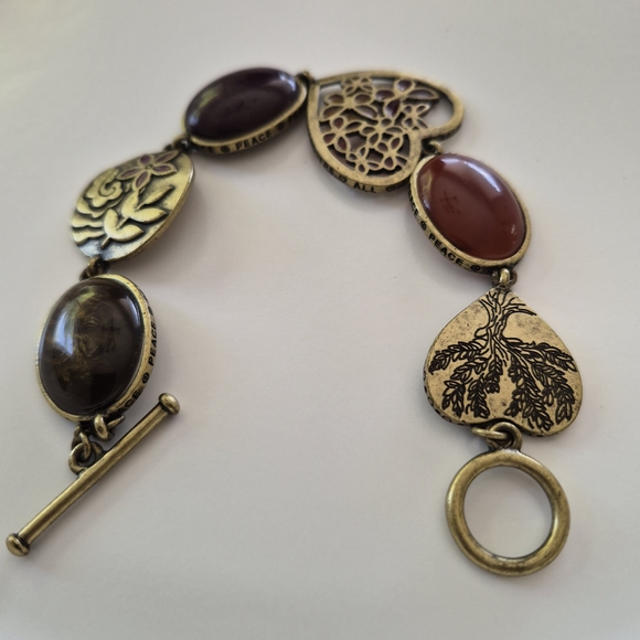 90s Antique Goldtone and Brown Heart Bracelet - Picture 1 of 4